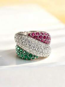 Eterna Glow 1 buah Cincin Mewah Bertatahkan Zirkonia Kubik Merah & Hijau untuk Wanita, Cincin Fashion Warna Perak, Geometri untuk Pemakaian Sehari-hari, Pesta, Pernikahan, Perhiasan Ulang Tahun - cincin - View 1