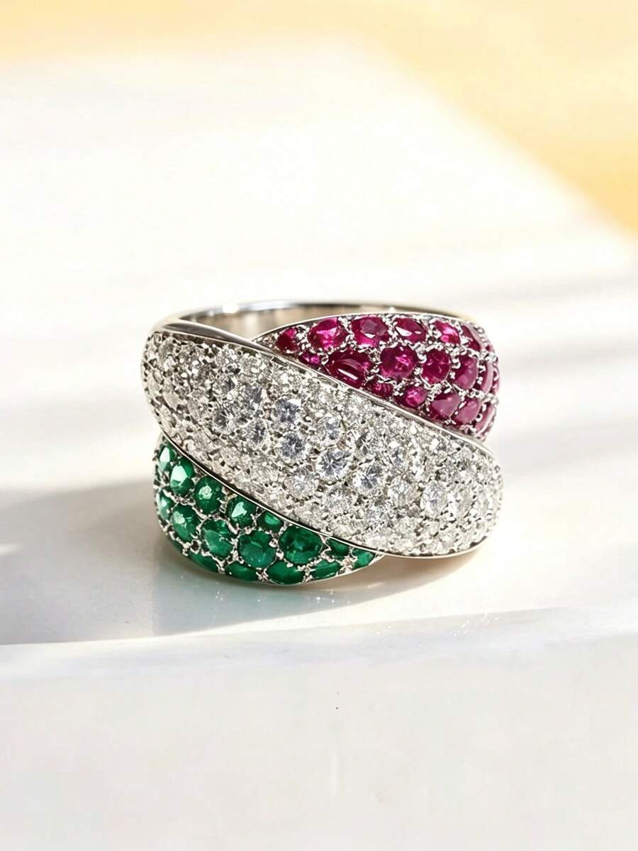 Eterna Glow 1 buah Cincin Mewah Bertatahkan Zirkonia Kubik Merah & Hijau untuk Wanita, Cincin Fashion Warna Perak, Geometri untuk Pemakaian Sehari-hari, Pesta, Pernikahan, Perhiasan Ulang Tahun - cincin - View 1