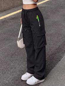 Knot & Curve Women's Outdoor Commute Cargo Pants Loose Slimming Straight Leg Elastic Waist Zipper Pockets Versatile Sports Long Pants - Black - View 3