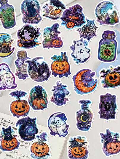 50pcs Holographic Halloween Stickers For Decorating Planner, Journal, Scrapbook, Notebook, Luggage, Guitar, Skateboard, Manual, Tablet, Water Bottle, Phone