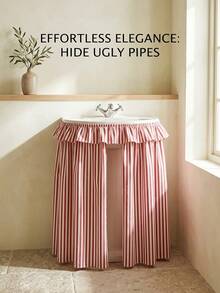 1/2pcs Red Striped Farmhouse Ruffle Sink Skirt Decorative Cabinet Curtain Bathroom Kitchen Sink Skirt Brown Striped Pleated Short Curtain Home Classroom Country Style Table Privacy Curtain Laundry Room - Red - View 7