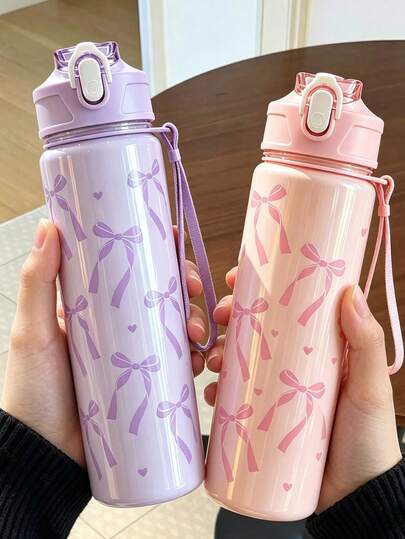 800ml/27oz Cute Bow Print Water Bottle, Leak-Proof Flip Top Sports Water Cup With Strap, Suitable For Women, Sports, Travel, Daily Use Large Capacity Water Bottle, Outdoor Garden Decor, Room Decor, Teacher Gift, Wedding Decor, Holiday Accessory, Garden, DIY, Bedroom Decor, Kitchen Decor, Dorm Essentials, Storage Room, Travel Essentials, Bachelorette Party Supplies, Desk Accessories, Autumn Home Decor, Home Goods, Family Essentials, Gift For Women, Gift For Men