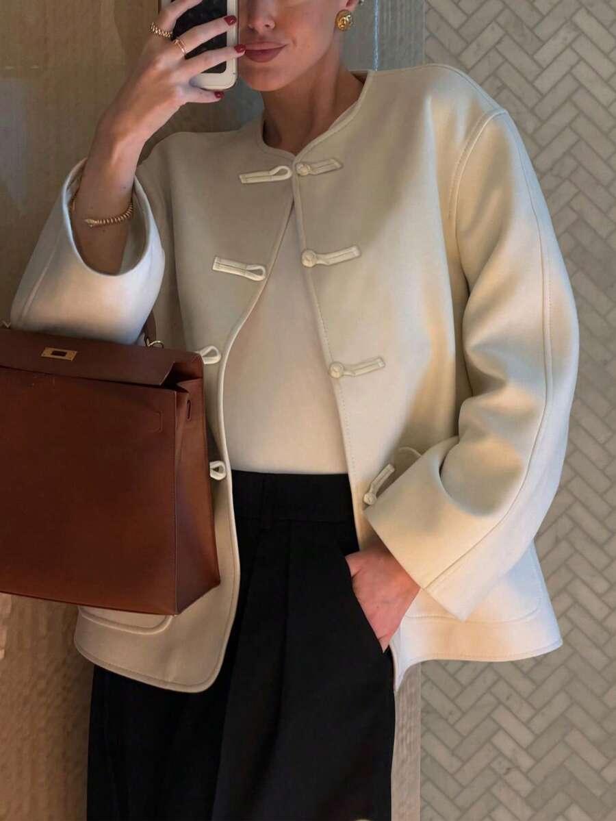 26 Autumn/Winter New Round Neck Minimalist Frog Button Design Overcoat For Daily, Holiday, Office Wear - Beige - View 1
