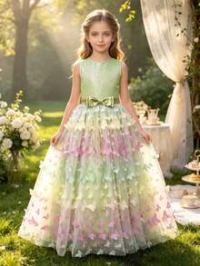 Tween Girl Green Princess Backless Colorful Butterfly Dress, Teens Flower Girl Wedding Party Formal Gown - Green - View 6