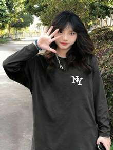 Kaos Wanita Kasual Longgar Lengan Panjang Leher Bulat dengan Cetakan Huruf, Modis & Serbaguna, Musim Semi/Gugur - Dark Grey - View 3