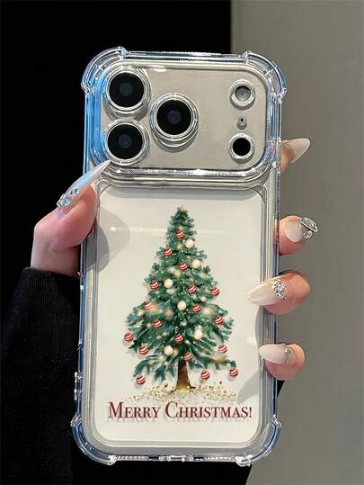 Minimalist Transparent Colorful Ball Christmas Tree MerryChristmas Print Anti-Drop Phone Case, Autumn/Winter Holiday Atmosphere, Compatible With Apple 18 Pro/18 Pro Max/17/17 Pro/17 Pro Max/16/16 Pro/16 Plus/16 Pro Max/15/15 Pro/15 Plus/14/14 Pro/14 Pro Max/13/13 Pro/13 Pro Max/12/12 Pro/12 Pro Max/11/7/8/XR, Christmas Back To School Season Gift