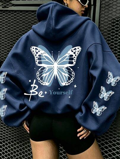 Women's Autumn/Winter New Minimalist Dreamy Girly Sweet Butterfly Print Casual Everyday Versatile Sweatshirt Fall