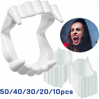 50/40/30/20/10pcs Vampire Fangs Plastic Teeth, Werewolf Costume Teeth, Horror Bloody Style, Costume Fangs Enhance Character Terror, Suitable For Halloween Role Play, Ghost Festival Party, Costume Party, Horror Theme Birthday Party, Stage Props. Vampire Teeth/Vampire Accessories/Vampire