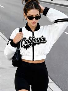 Women's Black & White Printed Sports Baseball Jacket, Short Waist Design Suitable For Sports And Daily Outings - Black and White - View 6