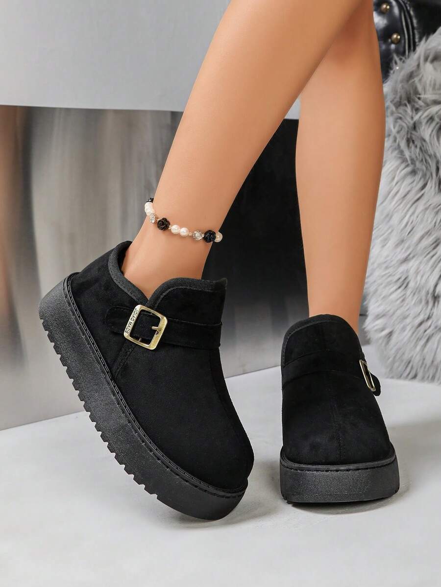 Women's Faux Suede Thick Sole Mule Closed Toe Slippers, Antique Gold Buckle Strap Slip-On Backless Round Toe Boot-Style Slides - Black - View 1