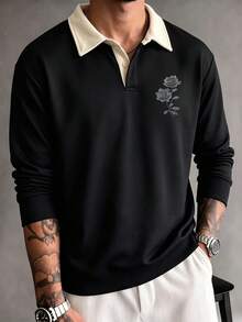Men's Classic Rose Design Printed Patchwork Loose Drop Shoulder Lapel Sweatshirt, Fashion Essential Outfit Piece - Black - View 2