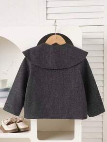 Young Girls Autumn/Winter Vintage Reversible Wool Blend Heart Pocket Crew Neck Jacket + Detachable Large Lapel Plaid Bow Tie Casual Jacket - Grey - View 3