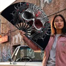 1pc Halloween Kung Fu Fan Gothic Style Exquisite Floral Skeleton Print Handheld Folding Fan, Plastic Black Ribs, Decorative Portable Fan For Daily Use And Theme Parties - One Size Fits All - View 8