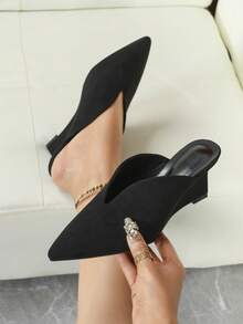 Women's Wedge Heel Pumps, Women's Black Deep Cut Slip-On Pointed Toe Wedge Heel Pumps - Black - View 1