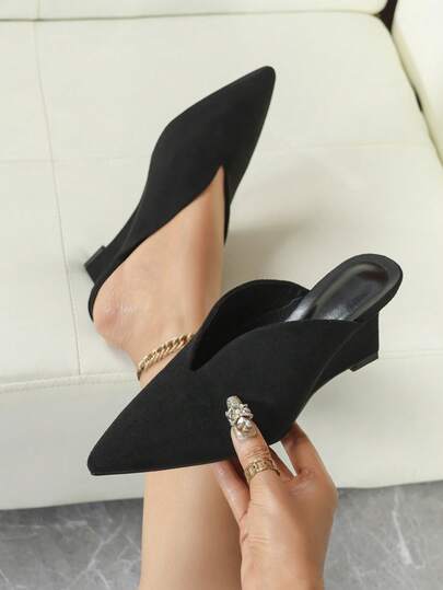 Women's Wedge Heel Pumps, Women's Black Deep Cut Slip-On Pointed Toe Wedge Heel Pumps