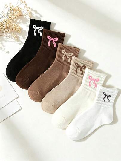 10 Pairs Random Bowknot Girls Socks, Back To School Season Children Socks, Cute Breathable Mid-Calf Socks, Suitable For Toddler Girls, Daily Wear Essential, 1-16 Years Old