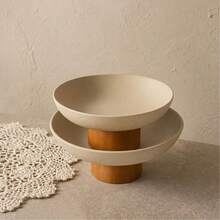 1pc 7.87/9.06inch Thick Ceramic Round Fruit Plate With Solid Wood Feet, Exquisite Dried Fruit Plate Dessert Plate, Creative Cake Plate Front Desk Candy Fruit Plate, Desktop Storage High Foot Plate - Stoneware+Brown - View 6