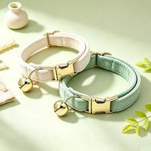 2pcs Cream + Mint Green Soft Velvet Cat Collar With Gold Bell Metal Buckle, Adjustable Size Comfortable Wear, Universal For Cats And Small Dogs Pet Neck Collar Accessory, St. Patrick's Day, Easter - Cream White & Mint Green - View 3