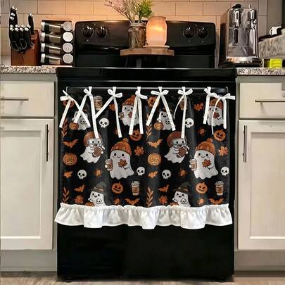 Cortinas de cocina,Cortina de horno,Falda de horno,Plano bidimensional, Plano bidimensional - Cortina de estufa de cocina, Cortina de gabinete, Con temática de Halloween con estampados bidimensionales, Fantasmas lindos, Calabazas, Calaveras, Patrones de hojas, Se puede usar como cortina de estufa,