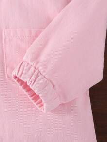 Baby Girl Casual Cute Minimalist Fashion Front Pocket Metal Button Open Front Small Collar Long Sleeve Pink Denim Jacket Top Autumn/Winter - Pink - View 5
