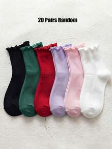 5/10/20 Pairs Random Baby Toddler Girls Frilly Socks, Sweet Solid Color Lettuce Edge Ribbed Crew Socks For Kids Halloween,Christmas Birthday Gifts - Multicolor - View 18