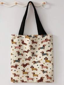 1pc All‑Over Puppy Print Canvas Tote Bag, Large Capacity Hand‑Held Shoulder Bag,Reusable Shopping Bag For Music Festival Party Daily Packing Books - Multicolor - View 8