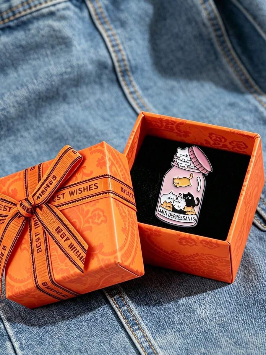 1pc Cat Anti-Depressant Pill Jar Shaped Enamel Brooch With Orange Gift Box, Cute Pet Meme Pin, Used As Clothing, Backpack Decoration Accessory - Multicolor - View 1