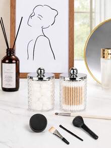 1/2/3/4 Packs Clear Bathroom Storage Jars With Lids, Diamond Pattern Swabs Holder, Qtip Dispenser For Balls, Floss Picks And Makeup Pads - Multicolor - View 3