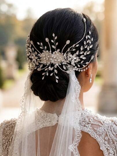 1 pieza Elegante tocado de novia con strass y peine, peine de pelo brillante para boda para mujer