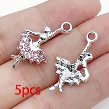 5/20pcs Silvery Plated Pink Rhinestone Charms Ballerina Fairy Butterfly Bear Moon Star Bow Shell Pendant For DIY Necklace Earring Jewelry Making - Pink - View 17