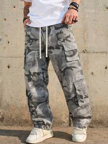 1pc Men's Casual Sports Cargo Pants, Loose Straight Fit, Wrinkled Texture, Suitable For Home And Outdoor Activities, Also Can Be A Gift For Couples. Made Of 100% Polyester Fiber, Equipped With Drawstring Waistband For Easy Adjustment - Light Grey - View 3