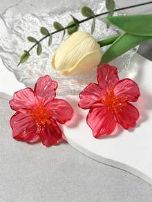 1 Pair Vintage Floral Exaggerated Stud Earrings For Women, High-End Fashion Elegant Earrings - Hot Pink - View 4