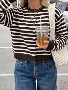 女款秋冬新款極簡優雅性感辣妹森林風學院風條紋針織開襟衫 - 咖啡拼白色 - 查看 3