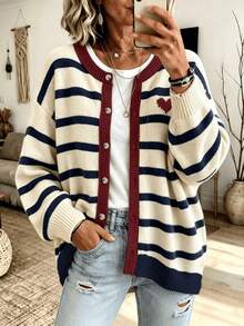 Plus Size Striped Heart Knit Cardigan, Long Sleeve Button Front Crew Neck Sweater Jacket, Casual Loose Fall Winter Women Knit Outerwear - Multicolor - View 3