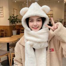 1pc Bear Ear Hat 3 Pieces Set, Thickened Warm Double-Layer Cold-Proof Cute Hat, One-Piece Hat, Solid Color Polyester (Polyester) Fine Fleece - A - View 2