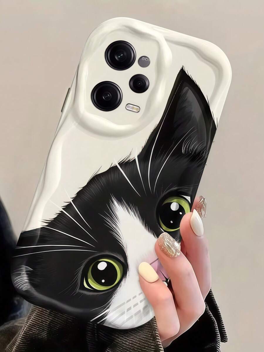 1 buah Casing Ponsel Pelindung Anti-Guncangan Motif Gelombang Besar Krem, Casing Ponsel Kucing Tuxedo Lucu, Casing Ponsel TPU Lembut Anti-Jatuh Motif Anak Kucing Hitam Putih yang Mengintip, Kompatibel dengan Perangkat Android, Ponsel Seri - Putih - View 1