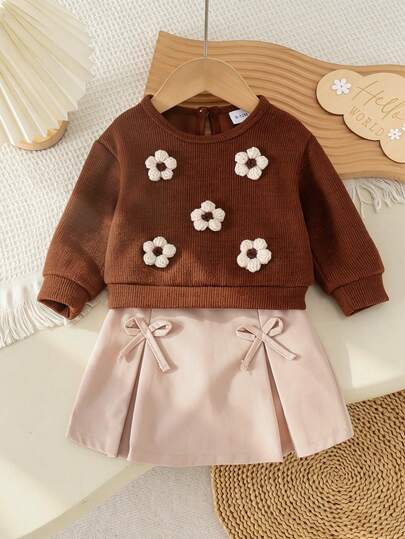 2pcs Baby Girl Gentle Vintage Textured 3D Floral Round Neck Long Sleeve Top & Bow A-Line Skirt Set, Spring/Autumn