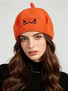 1 Peça Boina Tricotada de Abóbora de Halloween, Chapéu Tricotado Fofo com Rosto de Fantasma de Abóbora Laranja Bordado, Boina Macia e Quente para Outono/Inverno, Acessório de Cabeça para Cosplay, Decoração de Fantasia de Festa de Halloween, Acessório para Fotos - A - Visão 6