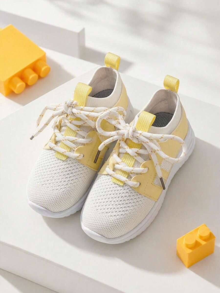 Colorblock Mesh Athletic Shoes, Breathable Mesh, Soft Sole, Lightweight, Lace-Up, Spring/Autumn, Outdoor, School, Casual Shoes For Kids - Yellow - View 1