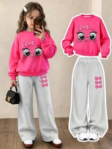 2pcs/Set Girls' Crew Neck Sweatshirt And Wide Leg Pants Outfit, Bow & Kitten Print Crew Neck Sweatshirt + Wide Leg Pants Matching Set, Suitable For Autumn/Winter Daily Wear - Multicolor - View 2