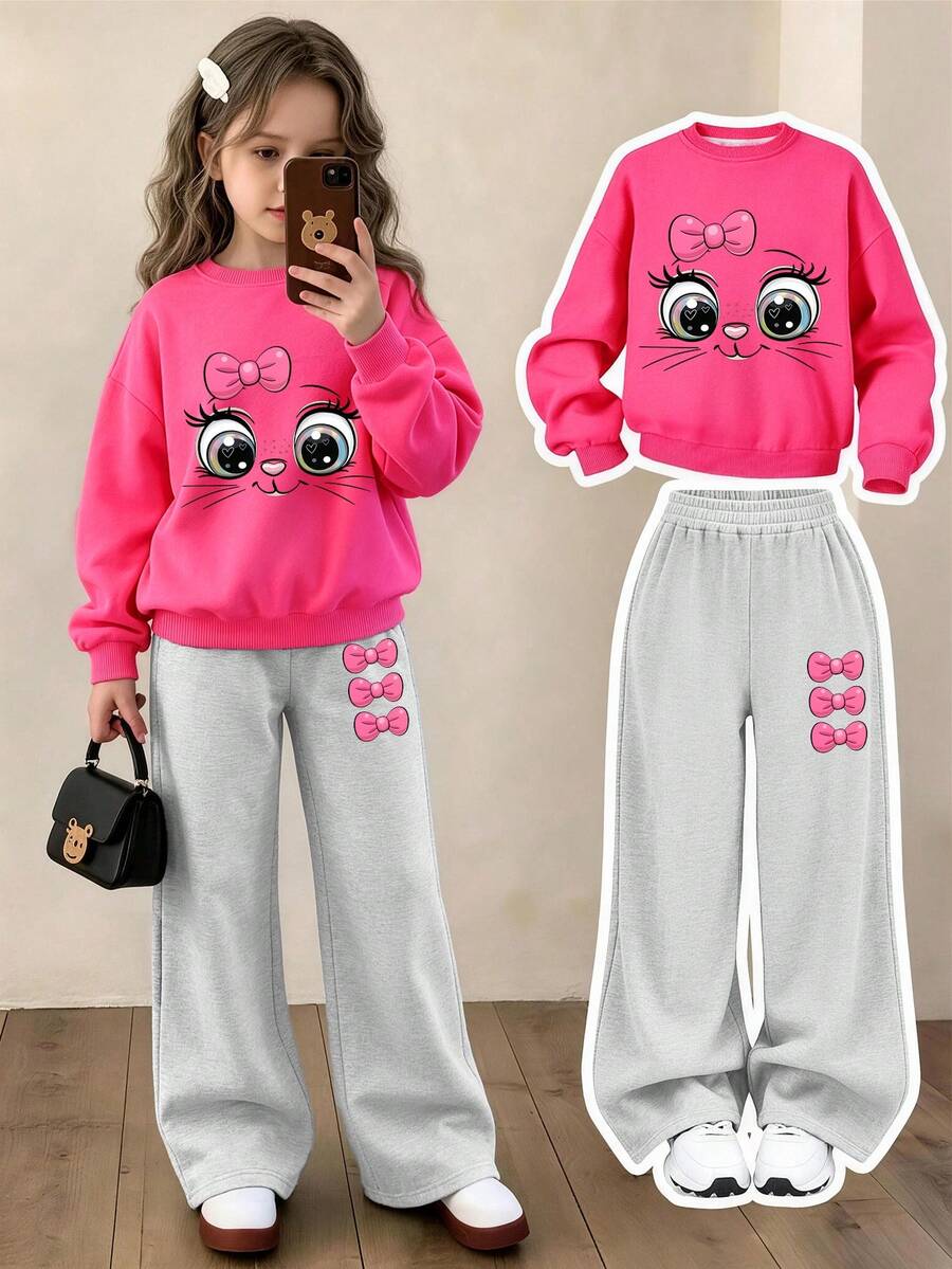 2pcs/Set Girls' Crew Neck Sweatshirt And Wide Leg Pants Outfit, Bow & Kitten Print Crew Neck Sweatshirt + Wide Leg Pants Matching Set, Suitable For Autumn/Winter Daily Wear - Multicolor - View 1