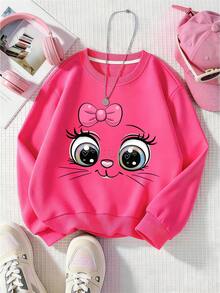 2pcs/Set Girls' Crew Neck Sweatshirt And Wide Leg Pants Outfit, Bow & Kitten Print Crew Neck Sweatshirt + Wide Leg Pants Matching Set, Suitable For Autumn/Winter Daily Wear - Multicolor - View 6