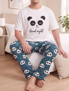 Plus Size Men's Panda Print Pajama Set, Summer Short Sleeve T-Shirt + All-Over Print Loose Casual Lounge Pants - White - View 4