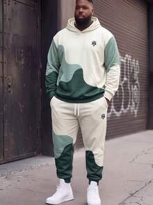 2pcs Plus Size Men's Black & White Gradient Print Sportswear Set - Sweatshirt + Pants, Street Casual Style - Suitable For Autumn/Winter Sports/Daily Wear - Multicolor - View 1