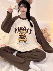 2pcs/Set Women's Pajamas Loungewear, Cute Bear Print Fashion Pullover Round Neck Long Sleeve Cropped Pants Set, Easy Care Fabric - Brown - View 4