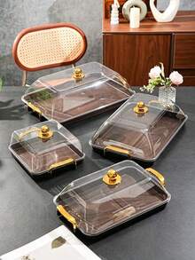 Walnut Wood Grain Tray With Cake Cover, Thickened PET Rectangular Tray With Handle And Cake Dome, Plastic Storage Tray, Suitable For Tea Cups, Water Cups, Snacks, Dried Fruits, Fruits Storage Tray, Serving Tray - Wood Grain - View 3