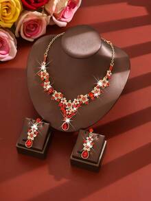 Set Perhiasan Leher V Mewah Bergaya Vintage dengan Hiasan Berat, Cocok untuk Pernikahan, Pesta Malam, dan Aksesoris Pesta Dansa - 1742 Emas Merah - HB - View 3