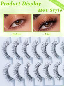 7 Pairs Natural Long Cat Eye False Eyelashes, Flared Tail 3D Voluminous Faux Lashes - Black - View 3
