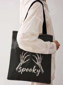 1pc One‑Eyed Skeleton Print Shoulder Tote,Large Capacity For Books,Groceries&Daily Beach Travel School Use.For Students&Women,Great Daily Bag Or Gift - Multicolor - View 14
