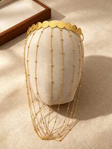 1Pc Vintage Gold Multi‑Layer Tassel Headband, Embossed Coin Bead Long Dangle Chain Hair Ornament For Wedding Banquet - Gold - View 2